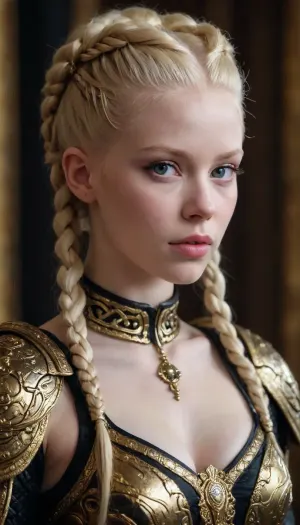 Tense Young Dark Female albino Warrior for the God of Chaos and War in fearsome and also beguiling wealthy expensive ornamated pomp splendor pageantry magnificence opulence, sumptuousness heavy armor in very black and bright gold with piquant insights. multi-braided hairstyle