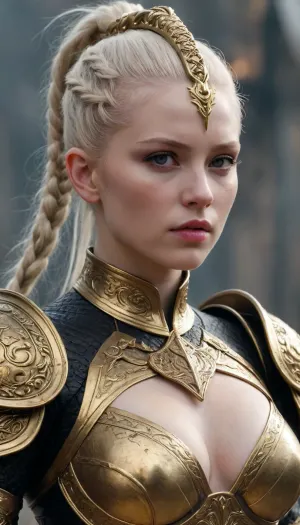 2/3 bodyshot, Tense Young Dark Female albino Supreme Warrior for the God of Chaos and War in fearsome and also beguiling wealthy expensive ornamated pomp splendor pageantry magnificence opulence, sumptuousness heavy armor in very black and bright gold with piquant insights. One very elegant braided ponytail, the whole appearance radiates dominion rule reign dominance power control, She carries the ceremonial helmet under her armpits, Many fresh blood splashes from the slain opponents are on the face and on the armor, She stands as a shining centerpiece on a fantasy medieval raging bloody cruel crowded battlefield. She screams a war cry from the depths of her soul that makes all enemies tremble and motivates her own warriors.