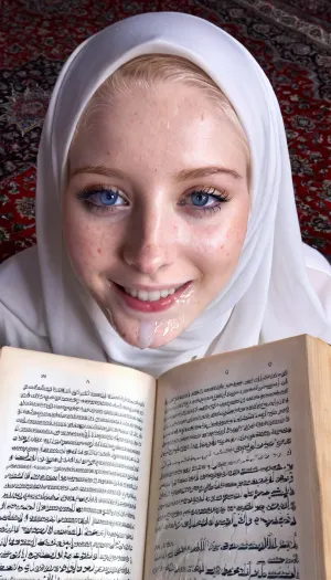8k, Transparent hijab, reading quran, freckled pale skin, ultra detailed, blue eyes, cum dripping to quran, smile, cum on face, woman, cum, on, face, <lora:JustCum:1.4>