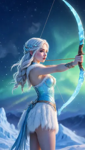 Art Nouveau style, Yakut sexy huntress shoots, (((ice bow))), under bright aurora borealis close up, Whimsical, Art, Nouveau, Watercolor, ArsMJStyle, Cute, <lora:ArsMJStyle_-_CuteSDXL:.8>
