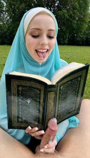 8k, ultra detailed, Transparent hijab, reading quran, pale skin, man dick, cum on quran, laughing