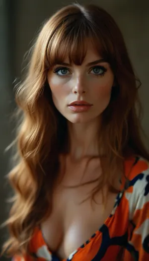ziprealism, (style of Richard Avedon:1.4), (Vintage Kodachrome fashion photograph:1.4), (vibrant auburn hair, long flowing hair, blunt bangs cut:1.2), (teardrop breasts, large natural breasts:1.2), (Twiggy style, bold geometric print A-line minidress), (dramatic false eyelashes, white eyeliner on the waterline, doe-eyed makeup), (medium closeup, Dutch Angles, sharp focus, focus on breasts), but, <lora:BUT_SDXL_SHS:.8>, <lora:MJ52:.8>, <lora:bombshell_v2:.8>