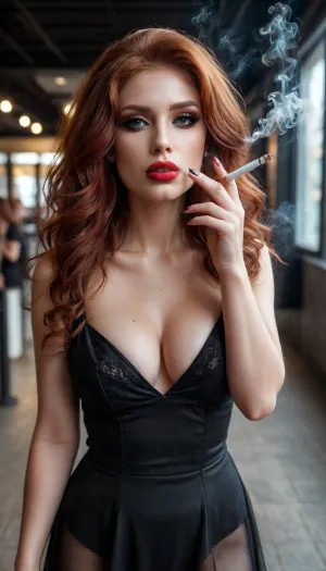 beautyful curvy goth redhead, walking in a mall, (smoking a cigarette between her lips), curly very long red hairs, puffy lips, thick lips, swollen lips, (bright-red lipstick), heavy makeup, very huge boobs, deep cleavage, full body, nuisette rouge transparente, smoking, smoke, coming, out, of, the, mouth, smokinglora, <lora:Smoking_Babes_XL_V2:2>, <lora:smoking_v2:2>