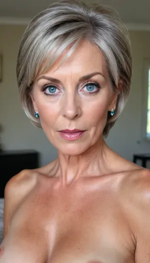 A contemporary glamour porn masterpiece, utterly gorgeous beautiful, upper class, posh, elegant, wealthy, 66yo retired British Gilf, stunningly natural beautiful, mature cougar, hairy naturist, perfect light blue eyes, grey modern fashionable haircut, stunningly attractive thin face, high cheekbones, large sagging breasts, large areolae, hard nipples, seductive sexual pose, pro photography