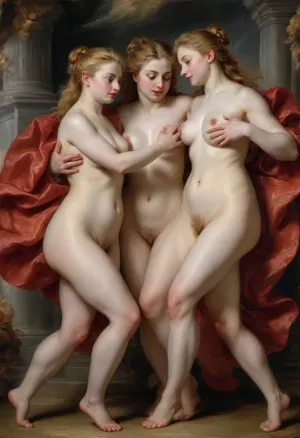 (Peter Paul Rubens Style:1.5), "The Three Graces" is one of the most famous paintings by Peter Paul Rubens. The mythological painting depicts three Greek goddesses, one of whom is full of charm, mercy, and gratitude. womans, naked, <lora:Peter Paul Rubens Style:1.3>