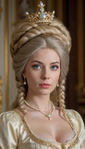 The image shows a young French woman courtesan at Versailles in seventeeth century. She is wearing a, ((17th century noblewoman dress)), embroided with pearls and diamonds. The dress is golden and satin with lacework. The dress is unlaced to reveal perfect breasts. She is wearing an elaborate, ((((high courtesan, ((wig)))), of, ((braided white hair)), with embedded pearls and diamonds)), She has long gold and diamonds earings. She has a very expensive dimonds necklace. She has gold and gemstones rings. She is uplifting her dress to show her perfect vagina, ((uplift dress)), ((perfect pussy)), ((wet pussy)), She has white silk thigh held by a golden ribbon, ((white silk socks)), ((thigh high socks)), She is looking at the viewer. She is standing. She opens her mouth to receive cum. The blurred background is a hallway in Versailles Castle.
Most beautiful woman, professional real photo, ((wide angle shot)), ((((full-lenght:1.4)))), the image shows the woman from head to toes, ((whole body shot:1.4)), ((blue eyes)), perfect boobs, (highly detailed face, (ultra-detailed face)), (realistic mouth, realistic teeth, detailed hair, detail irises), detailed face, beautiful eyes, highly detailed face, detailed eyes, (detailed smooth skin), (round breasts:.8), (((topless:1.1))), perfect face, perfect body, perfect pussy, wet pussy, beautiful, pronounced feminine facial features, perfect ass, perfect teeth, perfect eyes, matching eyes, very detailed iris, long eyelashes, big realistic lips, full lips, ((cute face)), ((one small mole on cheek)), next to the lips, perfect lively eyes, bright eyes, penetrating gaze, makeup
she is covered with cum, facialized, (((projectile cum:1.1)), bukkake, ((massive ejaculation)), ((lot of cum)), ((cum on face)), ((cum on breast)), ((cum on hair)), ((facial cumshots)), ((cum on dress)), dripping cum, whole body view, cumwalk)