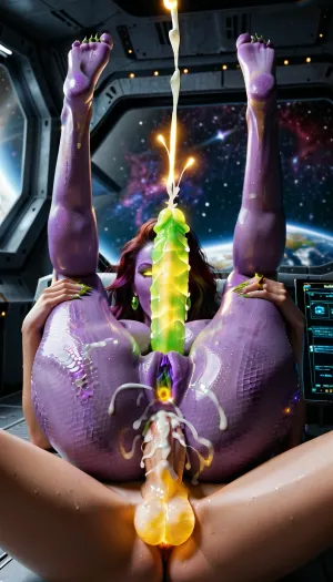 two futanari, purple mini futa, green huge futa, space, alien, transgender, futanari, skinny, thin, slender fit ass, athletic legs, vagina under a dick, have sex, in a space laboratory. green slime on the wall and on the floor. Their skin is covered with scales. 18 year old. Cute faces, no clothes. Long beautiful legs. There are claws on his hands. Wet. There are many different planets in the window, galaxies, a quasar, spaceship. Lots of colorful thick cum. A huge cock with veins, ass sex, missionary, cumming on ass, cum on back, cum on flor, distance photo, 8k, UHD. super quality, detailed face, futanari missionary sex on a cosmic garage on ship, detailed legs, futa fuck futa, futanari sex, futa porno, cosmic dick. purple skin tone, blue vagina, used vagina, use ass, a young face, a sweet face, glowing eyes, glowing growths on the body, double sex, glowing dick, glowing tits, glowing vagina, glowing cum, glowing sperm, glowing boobs, Skin-tight sexy full-body space alien glows costume, transparent glows clothing, young face, fiery cum, cum glows, glows mucus on the surface, glows hair, glows body implant, glow clothes, scales, scales on the skin, dragon's tail