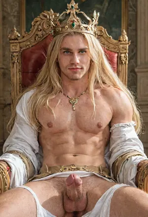 white man, realistic, in his 20s, blonde hair, long hair, green eyes, sharp face, smirk smiling, big lips, big muscles, tall, sitting on a throne like a king, wearing a crown, sithing with legs spread, arms resting on the throne, all nude, no clothes, big penis, long penis