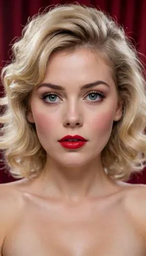 Retro style, vintage, 1980s, 80s, pin-up, woman, blond, messy hair, nude, red lipstick, rosy cheeks