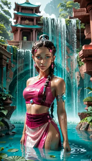 katara, bright olive-skinned beauty, wet colors, blue topaz, white, emerald, pink diamonds, topaz, skimaco-attire rituals, power of water elevators, oxidizer, like fluid south pole temple of water, power of water cleansing, river site training, training moves, fluid, extreme attack, water master power, kata techniques, water control, sword water katana LED light up bright illuminate flow