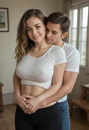 She is facing forward, A man is behind the girl, his arms are around her, standing very close, (((He is fully dressed))), (((She is fully dressed))), She has shoulder-length brown vawy thick and lush hair. She has an average a little plump broad build with a fat belly. 160 cm tall. The woman is smiling peacefully. The man’s expression is gentle. He is wearing house pants and a t-shirt, man is 35 yo, man is 175 cm tall, she is 35 yo, She has a large breast, (((D cup))), hugging, <lora:HandFineTuning_XL:.8>, A voluptuous girl, (big busty curved), standing holding her hugged from behind, (snuggling hugging), best quality, holding her tits tightly, holding her tits squeezed, (tightly squeezed tits:1), innocent, mating press, UHD 8K, extreme realism