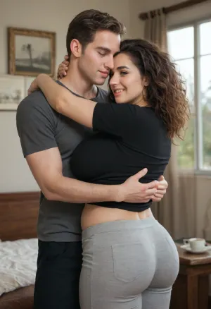 She is facing forward, A man is behind the girl, his arms are around her, standing very close, (((He is fully dressed))), (((She is fully dressed))), She has shoulder-length brown vawy thick and lush hair. She has an average a little plump broad build with a fat belly. 160 cm tall. The woman is smiling peacefully. The man’s expression is gentle. He is wearing house pants and a t-shirt, man is 35 yo, man is 175 cm tall, she is 35 yo, She has a large breast, (((D cup))), hugging, <lora:HandFineTuning_XL:.8>, A voluptuous girl, (big busty curved), standing holding her hugged from behind, (snuggling hugging), best quality, holding her tits tightly, holding her tits squeezed, (tightly squeezed tits:.1), innocent, mating press, UHD 8K, extreme realism