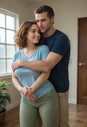 She is facing forward, A man is behind the girl, his arms are around her, standing very close, (((He is fully dressed))), (((She is fully dressed))), She has shoulder-length dark ginger vawy thick and lush hair and is wearing a blue t-shirt and a green shorts. She appears to have an average a little plump broad build with a fat belly. 160 cm tall. The woman is smiling peacefully. The man’s expression is gentle. He is wearing house pants and a t-shirt, man is 35 yo, man is 175 cm tall, she is 35 yo, She has a large breast, (((E cup))), NEGATIVE_HANDS, hugging, <lora:HandFineTuning_XL:.8>, A voluptuous girl, (big busty curved), standing holding her hugged from behind, (snuggling hugging), best quality