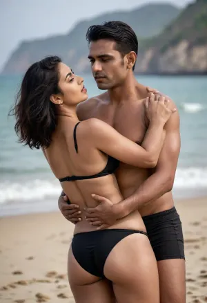 Indian 40 year old busty woman black bikini, slim belly, high waist panty, hugged by clean shaved young man from behind, beach