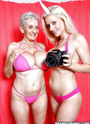 Casual old skinny grandmother, very big breasts, very old woman, massive oversized siliconed breasts, lonely, pink unicorn tight bikini, perfect thin body High detailed photo, high quality photo, voyeur caméra, photographer camera, photo booth