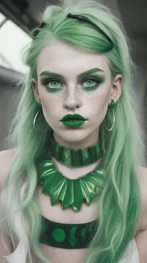 18 year old female, green hair, green eyes, earrings, freckles, green lipstick, in the midnight