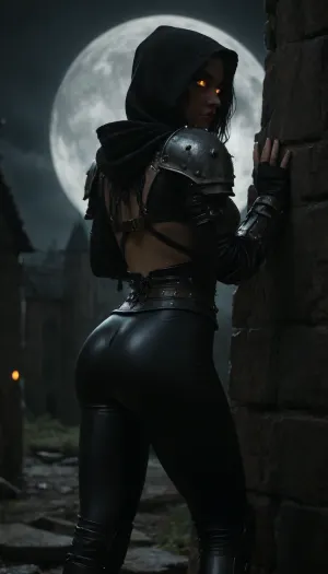 Score_9, Female Moon Night Hunter, standing near a medieval castle stone wall, (put ass back), bending over, glowing eyes, dynamic pose, mid-motion, shoulder armour plates, throwing daggers on waist belt, steel underboob armor, tight latex leggings, night, moonlight, chiaroscuro lightning, side view, hood, full moon, <lora:dark:.8>, <lora:detailed_notrigger:.8>, <lora:Midjourney Image Enhancer XL v1:.8>