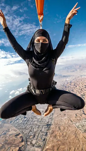 beautiful sexy athletic very junior 18 year old fitness model skydiving in Niqab, Saudi girl, no makeup, 3/4 view, pubic_hair, long legs, parachuting, skydiving, shot from below, eyes open looking at me, orgasmic sensual gaze at the camera, good hands, perfect fingers, (vagina), Musl1m, Pr1nc3ss, woman, scarf, blouse, mask, <lora:Muslim_Princess:.8>