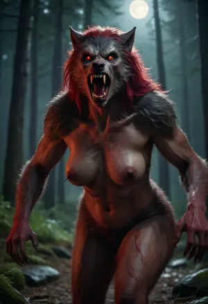 Highly detailed image, bright saturated colors, 8K quality, night forest, foll moon, ((Werewolf-woman)), massive big full saggy boobs, red eyes, growling, ready to attack the viewer, modern-werewolf, <lora:Modern_Werewolf:.8>