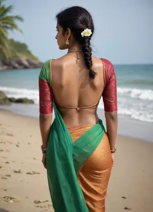 Beautiful Indian 40 year woman wearing sari, on a beach, huge ass, backless blouse, detailed back, with little detailed fat on back and waist