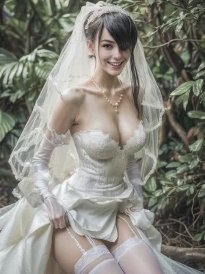 masterpiece, best quality, clear face, far shot, front light, 1young adult young adult girl, (no panties), with a huge diamond necklace, front view, with pink ponytail, ((big warm grin)), wearing a white tulle suspender allure wedding dress with flower-shaped lace and pearl embellishments and a long sleeve standing in the Rainforest, Fishnet stockings, very breast, posing for a picture, golden hour, mottled light and shadow, (((masterpiece))), realistic facial features, (((ultra-detailed))), ((perfect body and face)), cute tall tall face, finely detail, topless, skinny waist and thick hips, breasts, legs apart, (detailed pussy), beautiful pussy, perfect pussy, beautiful, symmetrical face with high cheekbones, well-defined jawline, lips that are plump and luscious, Intense gaze, detailed face, perfect illumination, beautiful eyes, bright hair, beautiful legs, skin pores, ((more plausible)), ((high detailed skin)), 8k uhd, high quality, detailed skin texture, (highly detailed hair), sharp body, highly detailed body, (realistic), soft focus, ((insanely detailed)), (highest quality), (skin pores, skin imperfections), leash, high resolution photography on a canon camera, 1young adult girl, pussy, <lora:pussy1.0:.8>, tokisaki, kurumi, huajia, wedding, dress, <lora:tokisaki kurumi huajia_v8_06:.8>