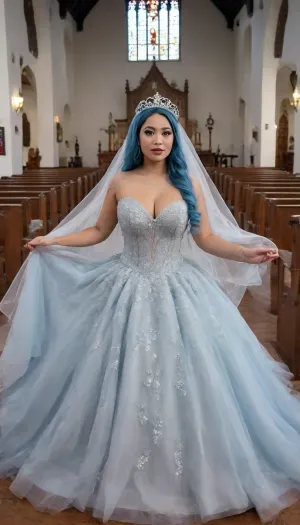 Full body, happy 28-year-old Filipina, wearing light blue wedding dress, blue hair, with makeup, curvy, church, ba11g0wn, <lora:Ballgown_2.0:.8>, puffy, nipples, dark, ghost, wide, <lora:Nipples XL:.8>