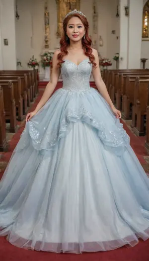 Full body, happy 28-year-old Filipina, wearing light blue wedding dress, red hair, with makeup, curvy, church, wedding, girl, <lora:sl_sila:.8>, ba11g0wn, <lora:Ballgown_2.0:.8>, bridal, <lora:Bridal_XL:.8>
