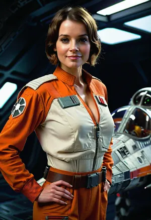 Super realistic image, full color image, full body view, 8K quality, 1girl, Star Wars, jungle spaceport, beautiful girl Rebel Alliance pilot, standing near X-Wing, very nice detailed face, short haircut, large slightly sagging breasts, thin waist, long legs, orange flight suit unbuttoned to the waist, ((partially visible big breasts)), smiling, half profile view, looking at the viewer, inviting to take a ride with her, studio lighting, Xwing, X-wing, <lora:X-wing - XL:.8>