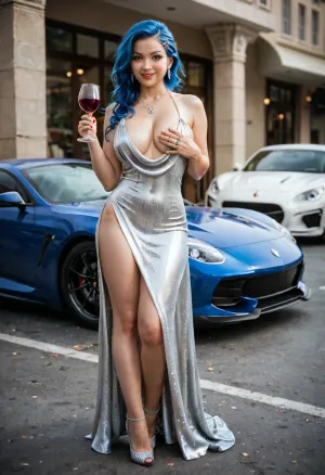 Super realistic image, full color image, full body view, 8K quality, 1girl, Beautiful blue-haired woman on evening street, pale skin, standing near of red sports supercar, 25 years old, huge heavy saggy boobs, thin waist, long slender legs, St Louis cosplay costume, shiny silver dress with bare back, super deep neckline, slits on the sides, bare thighs barely covering breasts, bright blue hair, crystal wine glass in hand, jewels, necklace, earrings, hairpin, rings, <lora:RealDownblouseXL2:1.8>
