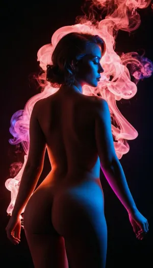 Studio photo, (((completely black background))), (silhouette outline of a curvaceous woman:1.2), graceful pose, wide hips, narrow waist, (((colored neon glowing smoke rising in the background))), retrowave aesthetic, erotic nude silhouette