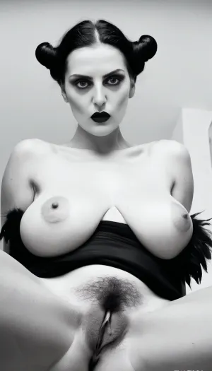 very Helmut Newton style, black and white, mature, very hairy pussy, saggy tits, beautiful face, bold lips, beautiful eyes, artistic, surreal, minotaurs beast, mythology, dreamy, falus, <lora:CinematicStyle_v1:.8>
