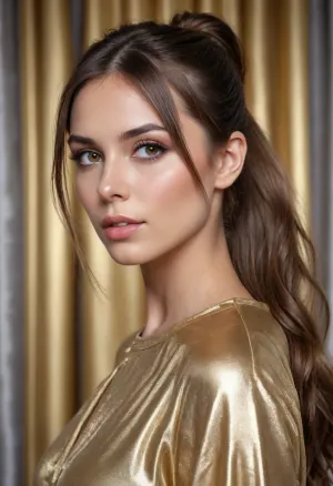 beautiful woman, 26 years old, light hazel eyes, brunette, (loose ponytail with long curtain bangs with middle parting hairstyle), gold shiny pu metallic top, shiny metallic fabric, silver curtain background