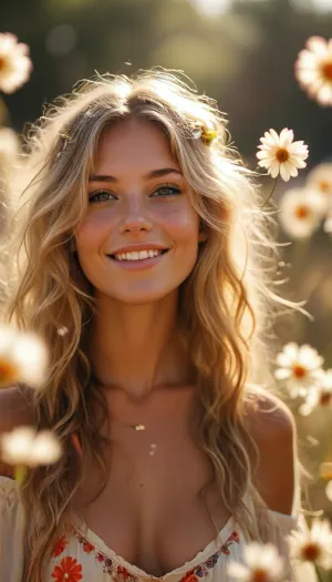 ziprealism, (hippy woman basking in wonderment, bright joyful smile, floating flower petals swirling in the breeze, warm glowing sunlight, beautiful sunny day, glowing silhouette:1.4), (f/2.8 shallow depth of field, creamy bokeh, tight headshot, extreme face closeup, layered composition with subtle foreground, focus on eyes:1.4), (sand-blonde hair, loose flowing hair, flowers in hair:1.4), (catchlights, sharp contrasting limbal rings, large expressive eyes, stunning eyes, perfect eyes, slightly downturned eyes), (full lips, soft lips, moist lips), (porcelain skin, natural skin texture), <lora:MJ52:1.4>, but, <lora:BUT_SDXL_SHS:.2>