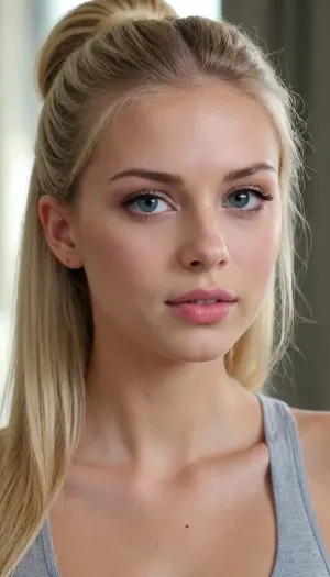 1girl, average height, brazilian, long blonde hair, 19 years old, thin, slim, solo, blue eyes, perfect eyes, 25-year-old Brazilian woman with fair skin, long, natural eyelashes, no eyeshadow. Medium, slightly narrow nose, no piercings. Medium-sized lips with a well-defined contour. Long, straight hair, tied back in a bun. Light blonde with subtle dark highlights, medium-high shine, and medium volume.realistic, lick her lips by her tongue