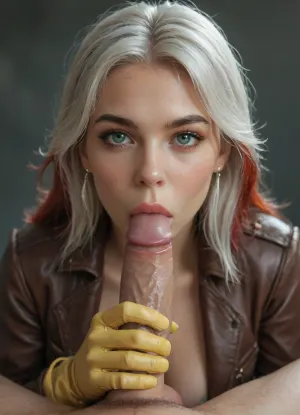 18 years old, beautiful face, ((super hero rogue)), (green eyes), rogue hair style, (red hair), (white hair bangs:1.2), brown leather jacket, medium tits showing, yellow gloves, masterpiece, high resolution face, extremely beautiful face, sucking dick, facial, dick in mouth, eye contact, pov, <lora:detailed_notrigger:1.4>