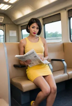 Sydnee, (train compartment interior), (short straight black hair to one side), (brown skin), light beige/tan seat, reading a newspaper, ((yellow crop top)), ((short yellow skirt)), long slender legs, (yellow heeled sandals), pink lipstick, gold hoop earrings