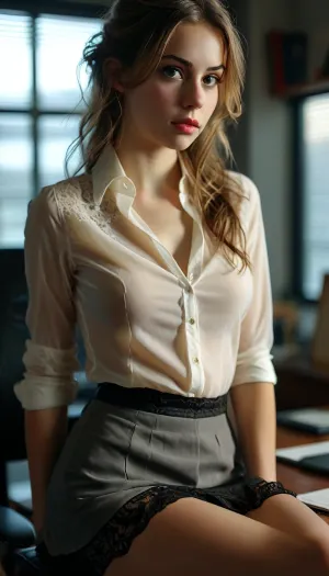 24 year old secretary, sitting on desk, in office, unbuttoned skirt, pantyhose, unbuttoned shirt, undressing, we looking up her skirt, view from beside, we viewing under her skirt, lifting skirt, focus on her lace panties, close-up on her panties, legs apart, cute panties, <lora:MJ52:.8>, <lora:style_lora_realis:.8>