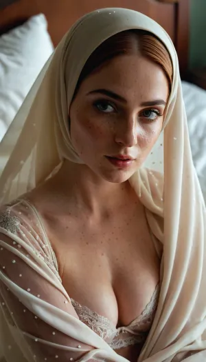 Transparent hijab, perfect tits, panties, make-up, pale skin, freckled, sexy posing, transparent hijab covered body, in bed, <lora:SDXLHighDetail_v6-000005:.8>