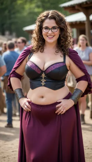 Professional photo of one voluptuous curvy woman, smiling voluptuous curvy milf, 40 year old woman, dressed as a sexy sorceress with a bodice, thick thighs, wide hips, flabby arms, round face with a prominent chin, curly brown hair, at a Renaissance faire, wearing thick glasses