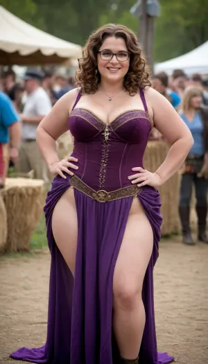 Professional photo of one voluptuous curvy woman, smiling voluptuous curvy milf, 40 year old woman, dressed as a sexy sorceress with a bodice, thick thighs, wide hips, flabby arms, round face with a prominent chin, curly brown hair, at a Renaissance faire, wearing thick glasses