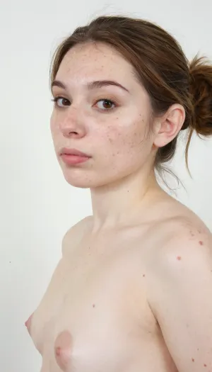 Passport photo, 32 years old Mexican-american woman, naked, extremely white and pale skin, slim nose, brown hair, small sagging breasts, hanging breasts, robust body, normal expression, round face, white background, freckles, brown eyes, molar on cheek, 1/2 body view, rhinoplasty, hyper realistic photo, full hd, 8K, front photo, Id card photo