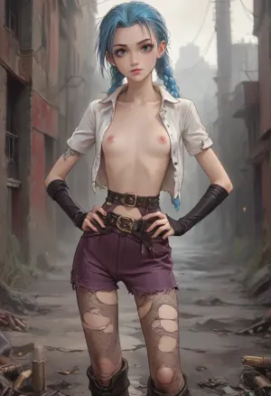 score_9, score_8_up, score_7_up, score_6_up, ((jinx:1.4)), (style anime:1.6), (inspired illustration, ratatatat74:1.6), (skinny:1.9), (small waist:1.9), (cute-innocent:1.4), big thick lips, (seductive:1.3), (dimples:1.3), (belt with bullets:1.3), (big leather elbow gloves:1.2), (slim legs), purple mini-shorts, (fishnet pantyhose:1.4), (apocalyptic background:1.5), (big boots), (dirty unbuttoned open shirt:1.4), (torn clothes:1.7), hands on hips, (bare breasts:1.3), (flat chest:1.1), <lora:ratatatat74-000050:.6>, <lora:outline_xl_kohaku_delta_spv5x:2>, <lora:cartoon_stickers_xl_v1:.5>, <lora:NEOTOKIOXL_0.2_RC:.4>, <lora:AshMilkshake_Illustrious_v1:2>