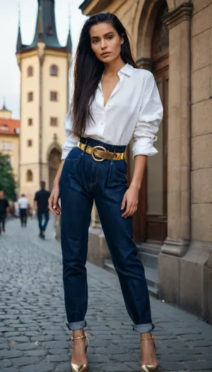 dark blue baggy paperbag slouchy jeans, very long hair, gold belt, prague, slouchy style, ponytail, black hair, white blouse, gold shoes