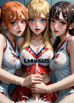 masterpiece, best quality, highly detailed, (anime:1.2), BREAK, (standing futa masturbation pov view from above, pov hands on viewer's cock:1), (gangbang, 6 futas masturbating while standing around 3 girls, the futas' cumming cocks resting on the 3 girls heads:1.3), (close up on 3 girls hugging each other while getting facialized by thick cumshots:1.4), ((3 gorgeous 25 year old white cheerleaders, a blonde, brunette and an orange haired girl are sitting together on the floor in a locker room crowded with futa cheerleaders, girls are completely surrounded by futa cheerleaders, the 3 girls are hugging each other)), (really nervous and embarrassed, blushing, scared, cock awe), (Each girl has different colored hair and eyes, blonde girl has blue eyes while the brunette girl has green eyes and the orange haired girl has brown eyes:1.3), natural b cup tits, perfect nipples, slim, athletic, gymnast body, (red cheerleader skirt:1), (red cheerleader top pulled up revealing breasts, flashing breasts, boobs out:1.1), no panties, pussy, (bukkake, gangbang, multiple large erect cocks touching girls' faces and hair, futanari cheerleaders masturbating by stroking their cocks as the girls help them by giving the futas handjobs, ejaculation, futas' cocks ejaculate shooting multiple massive cumshots everywhere hitting girls' faces and hair, cum on face, cum in hair, cum covered clothes, excessive cum:1.4), handjob, (((drenched in excessive cum))), <lora:Animated_Concept:1>