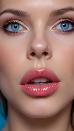 Huge juicy silicone female lips, high gloss lipstick, doe eyes, extremely closeup, Extremely detailed, blue eyes, licking, extremely beautiful woman