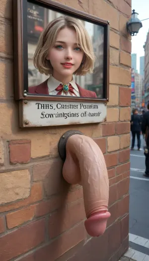 Woman stuck in the wall, futanari, show penis, steampunk, urban city, street, Penis as an art installation, happy, job