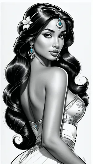 A black and white line art illustration depicts a Disney princess Jasmine with exposed small breasts against a plain white background. The drawing features thick, clean outlines and simple shapes in a manga-inspired style. The princess's facial features are delicate and soft, rendered with detailed pencil linework and gentle shading techniques. The artwork appears on a white paper surface with precise, monochromatic greyscale tones throughout the composition. Traditional pencil sketch with clean linework and minimalist monochrome shading., <lora:195794_training_data:.5>