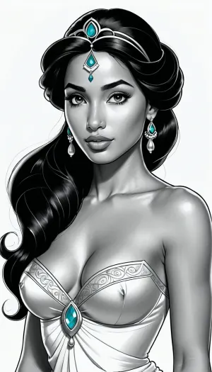 A black and white line art illustration depicts a Disney princess Jasmine with exposed small breasts against a plain white background. The drawing features thick, clean outlines and simple shapes in a manga-inspired style. The princess's facial features are delicate and soft, rendered with detailed pencil linework and gentle shading techniques. The artwork appears on a white paper surface with precise, monochromatic greyscale tones throughout the composition. Traditional pencil sketch with clean linework and minimalist monochrome shading., <lora:195794_training_data:.5>