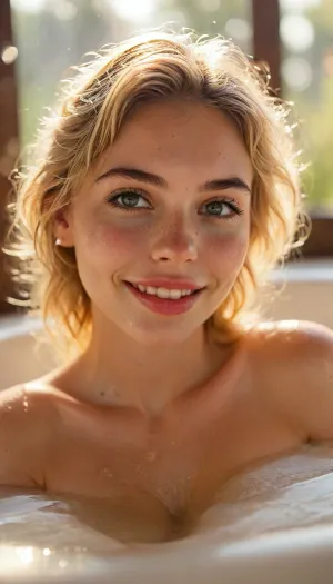 ziprealism, (avant-garde surreal experimental photography:1.6), (adorable woman soaking in a bathtub, bright joyful smile, bubble bath, warm glowing sunlight:1.4), (f/2.8 shallow depth of field, creamy bokeh, tight headshot, extreme face closeup, layered composition with subtle foreground, focus on eyes:1.4), (sand-blonde hair, loose flowing hair:1.4), (catchlights, sharp contrasting limbal rings, large expressive eyes, stunning eyes, perfect eyes, slightly downturned eyes), (full lips, soft lips, moist lips), (large natural teardrop breasts, topless, bare-breasted), (porcelain skin, natural skin texture), <lora:MJ52:1.6>, igbaddie, <lora:igbaddie-XL:.84>