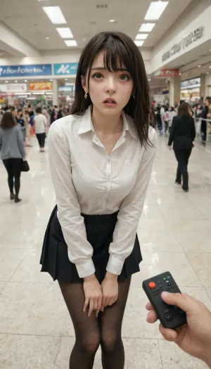 Look a viewer, frown, knees together feet apart, hands covered crotch, embarassed, Black pantyhose, standing, in mall background, (Comfyui with controlnet), Model, white collared shirt, pleated black skirt, remote, controller, control, holding, pov, shocked, nonplussed, <lora:crowd_notrigger:.8>, <lora:remocon_SDXL_V2:.8>, <lora:shocked:.8>
